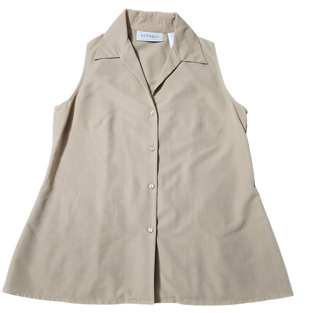 Villager Womens Tank Top Beige Size 6 Rayon Blend Button Up Sleeveless Collard